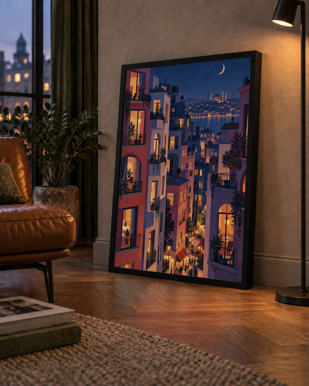 Işıklı Apartmanlar Gece — çerçeveli hâliyle bir ev duvarında