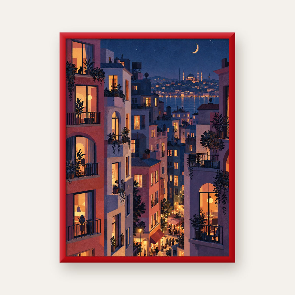 Işıklı Apartmanlar Gece — kırmızı çerçeveli