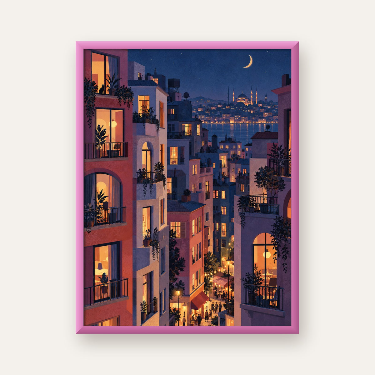 Işıklı Apartmanlar Gece — pembe çerçeveli