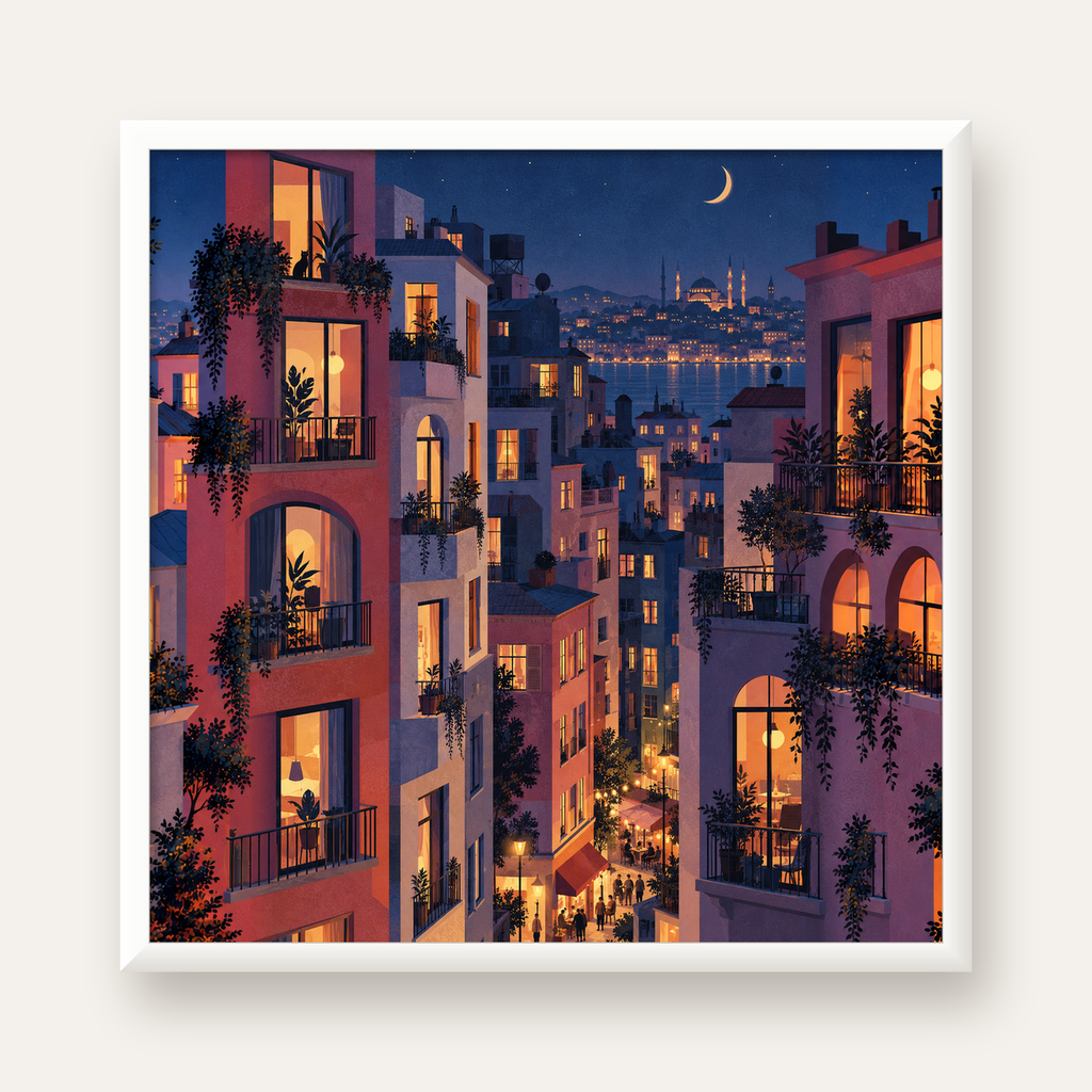 Işıklı Apartmanlar Gece — beyaz çerçeveli kare poster
