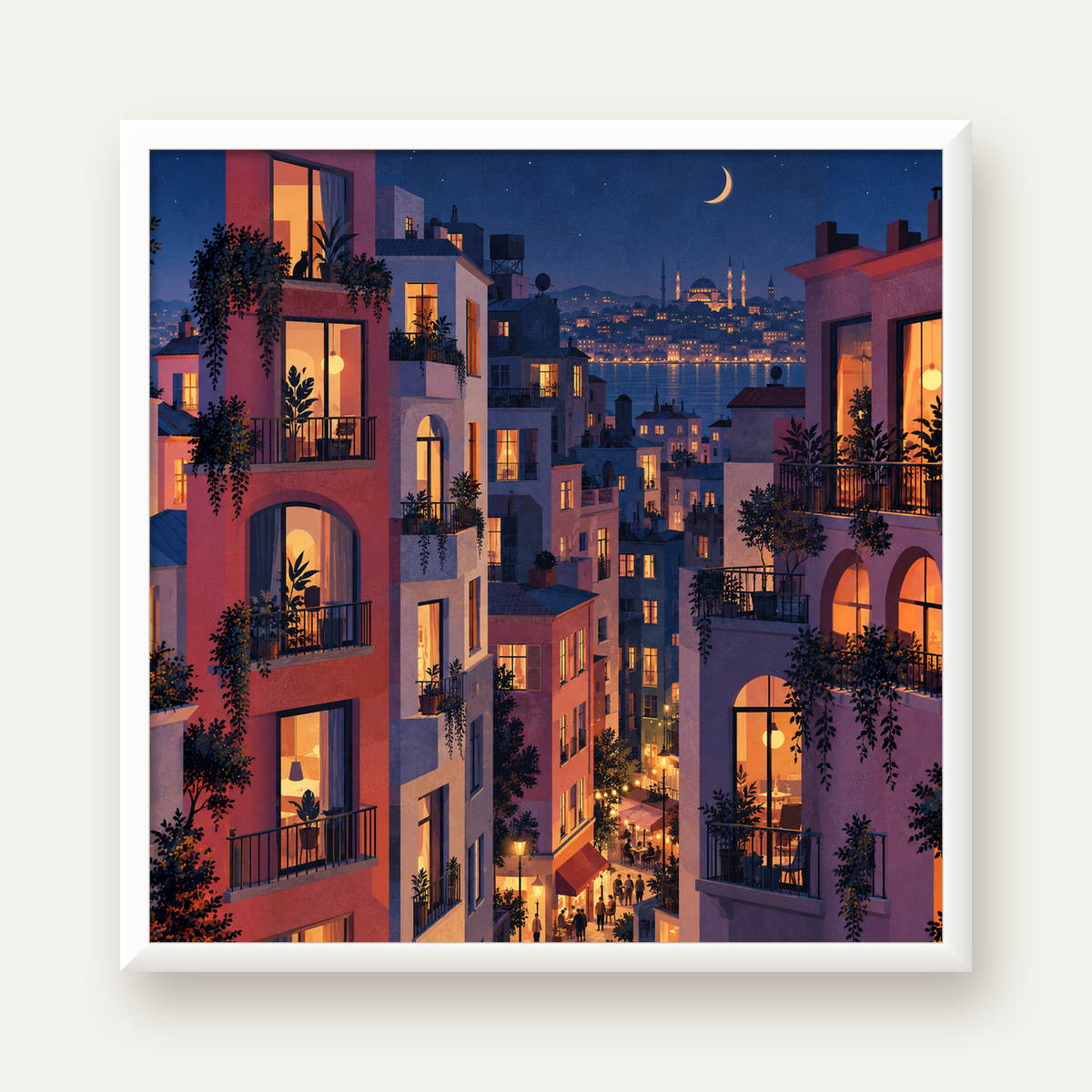 Işıklı Apartmanlar Gece — beyaz çerçeveli kare poster
