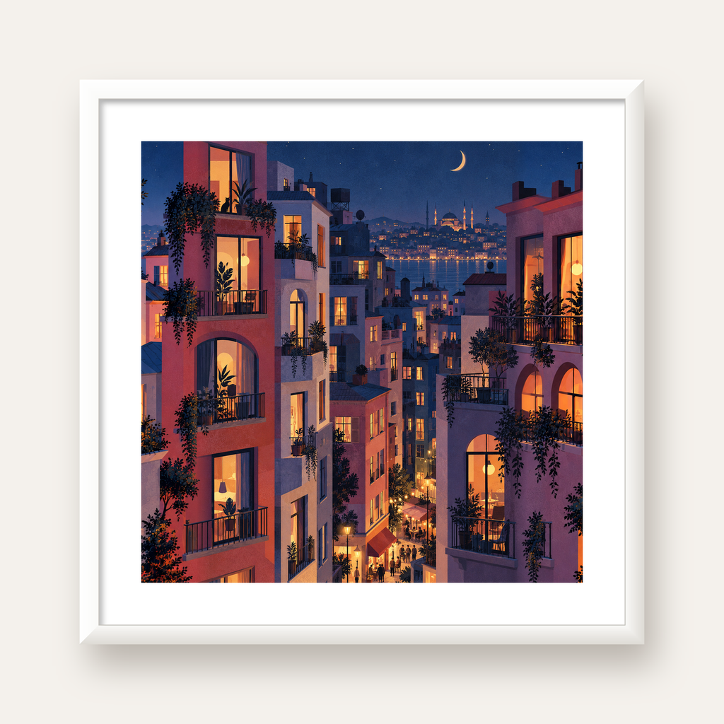 Işıklı Apartmanlar Gece — beyaz çerçeveli kare poster