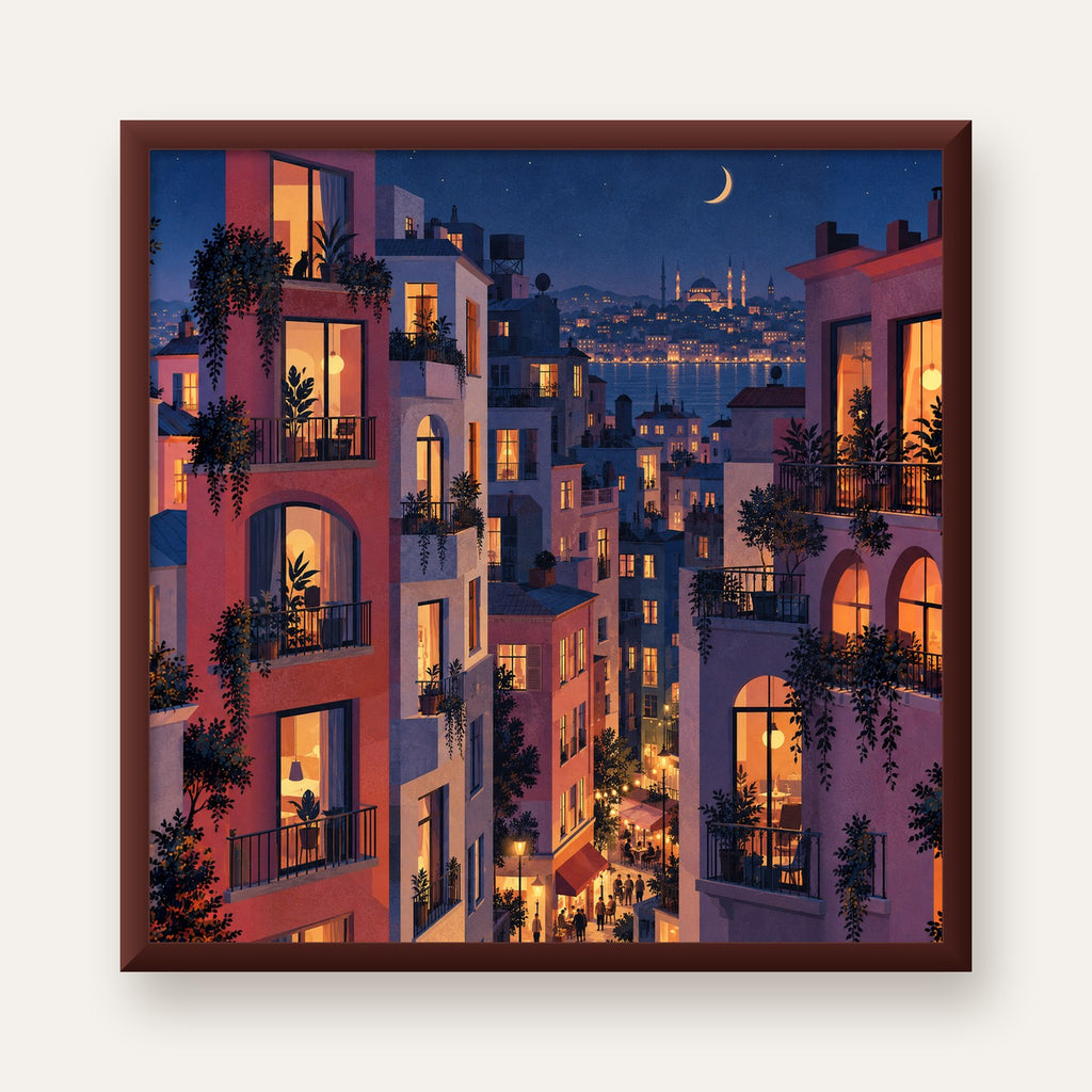 Işıklı Apartmanlar Gece — ceviz çerçeveli