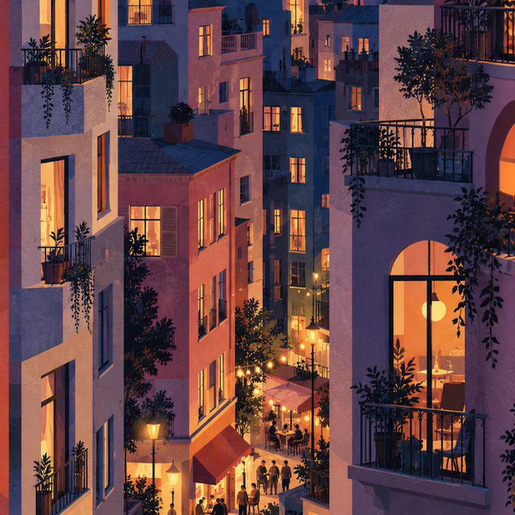 İstanbul Gece Manzarası Poster – Renkli Apartmanlar & Şehir Silüeti — baskının yakın çekimi, kâğıt dokusu ve renk detayı
