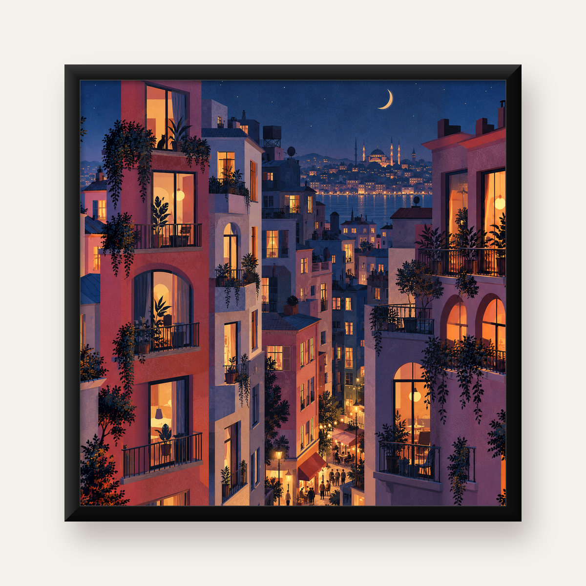 İstanbul Gece Manzarası Poster – Renkli Apartmanlar & Şehir Silüeti — Kare baskı, düz siyah çerçeveli duvar posteri