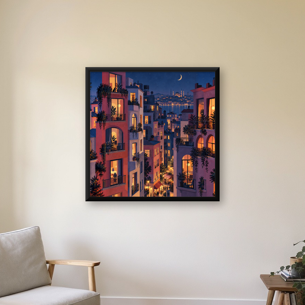 İstanbul Gece Manzarası Poster – Renkli Apartmanlar & Şehir Silüeti — Kare baskı, çerçeveli hâliyle bir ev duvarında