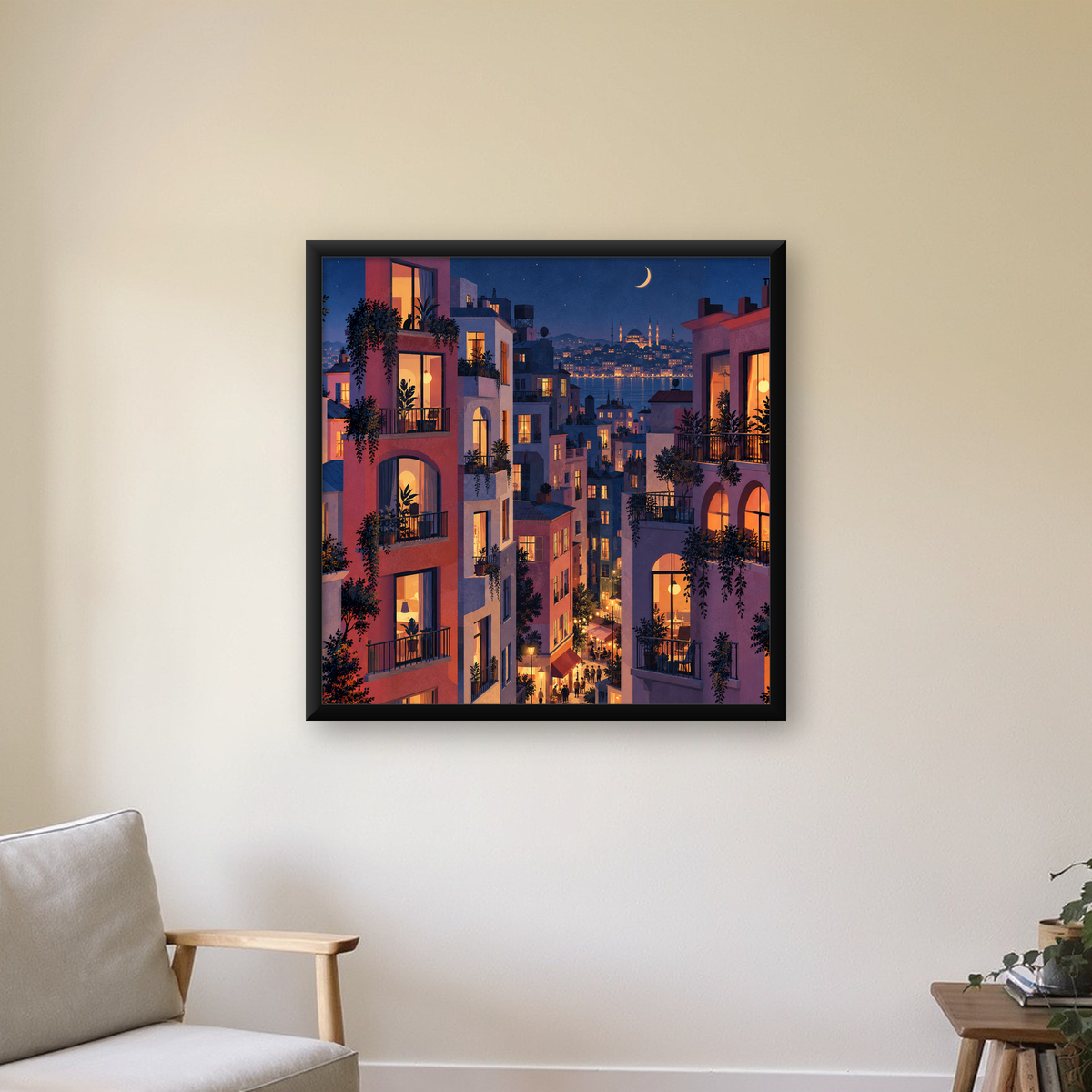 İstanbul Gece Manzarası Poster – Renkli Apartmanlar & Şehir Silüeti — Kare baskı, çerçeveli hâliyle bir ev duvarında