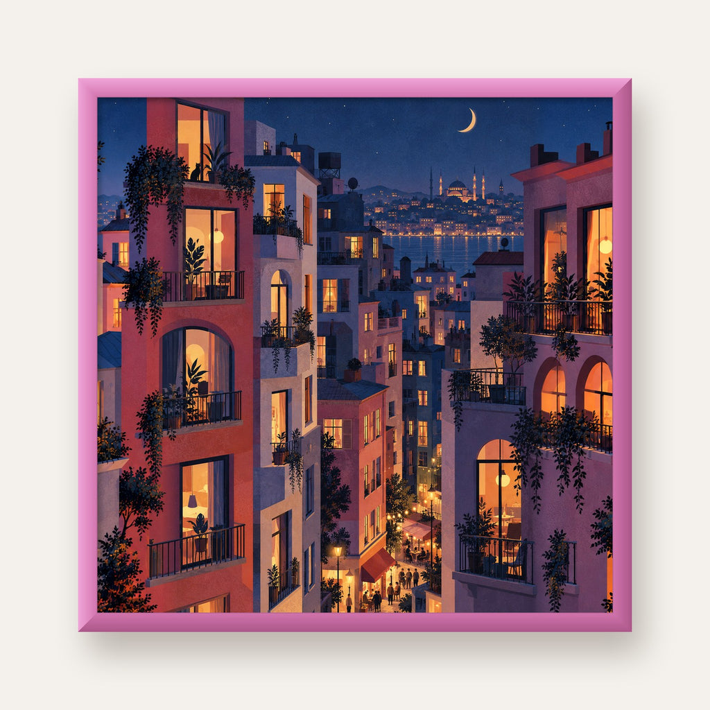 Işıklı Apartmanlar Gece — pembe çerçeveli