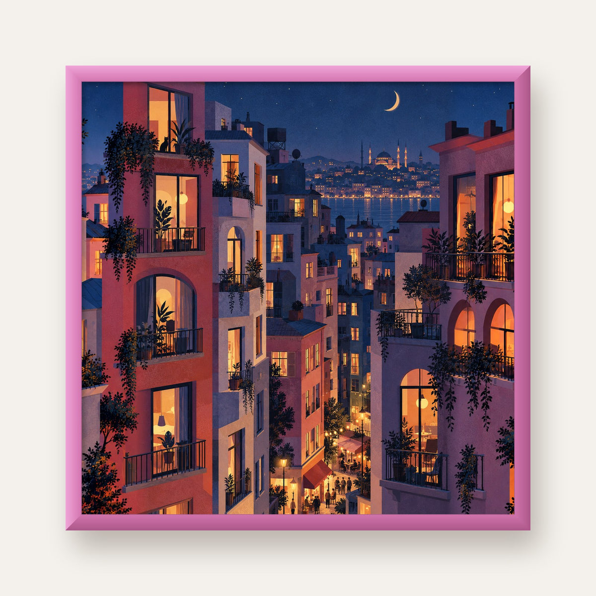 Işıklı Apartmanlar Gece — pembe çerçeveli