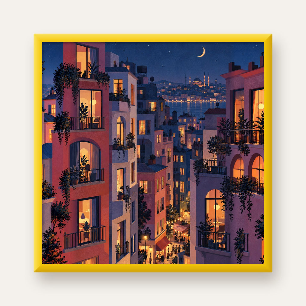 Işıklı Apartmanlar Gece — sarı çerçeveli