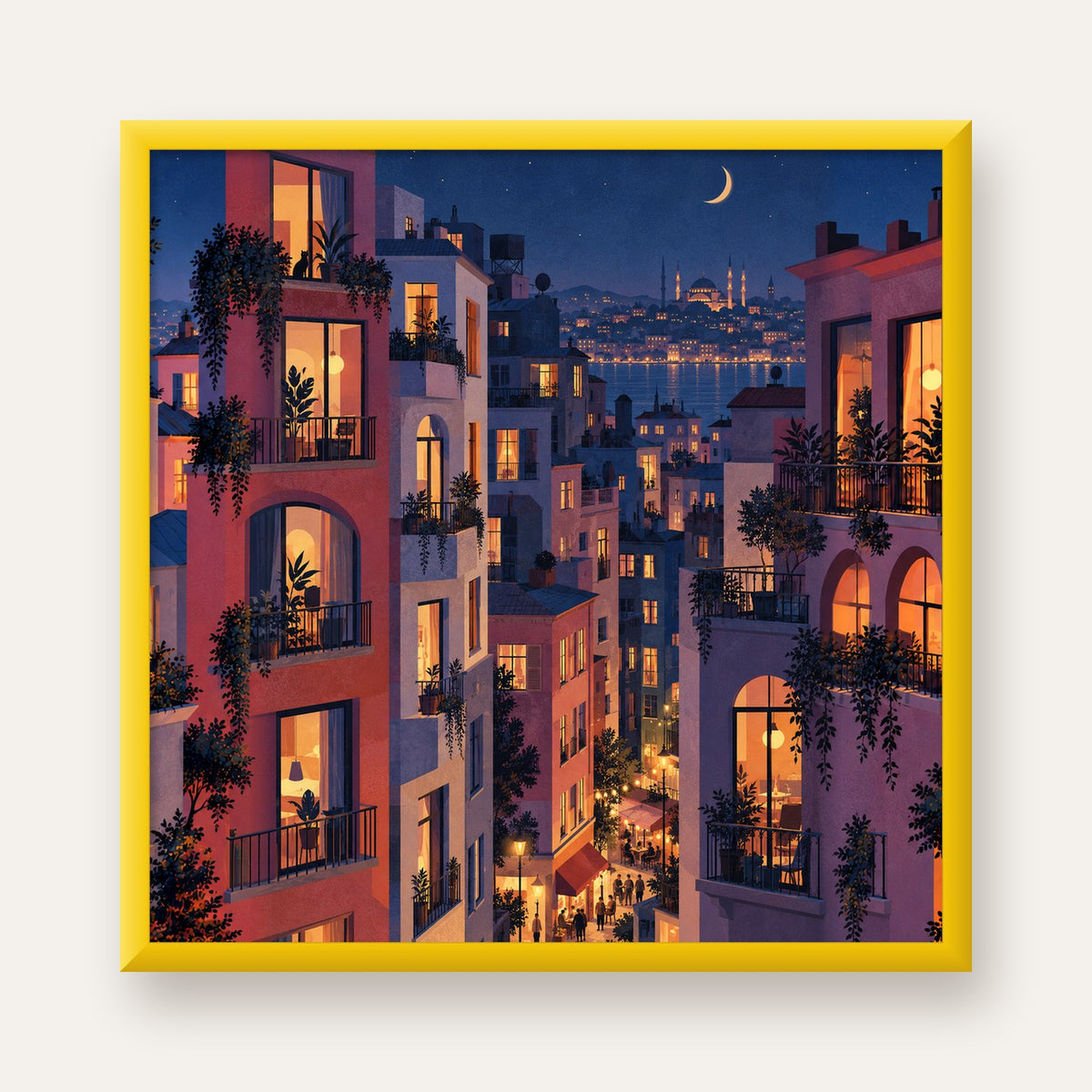 Işıklı Apartmanlar Gece — sarı çerçeveli