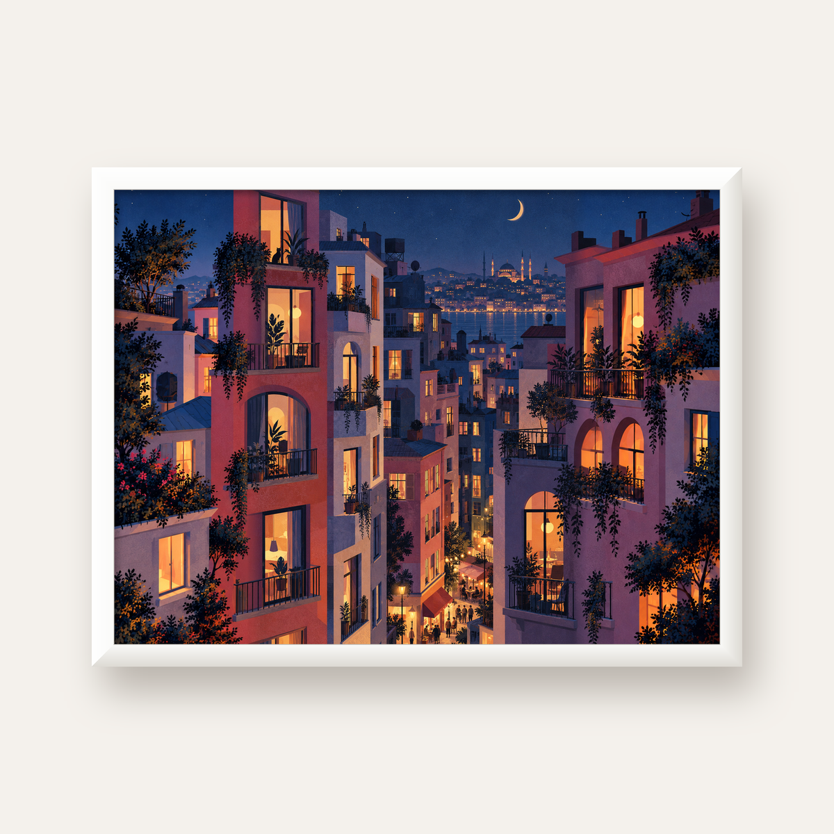 Işıklı Apartmanlar Gece — beyaz çerçeveli yatay poster