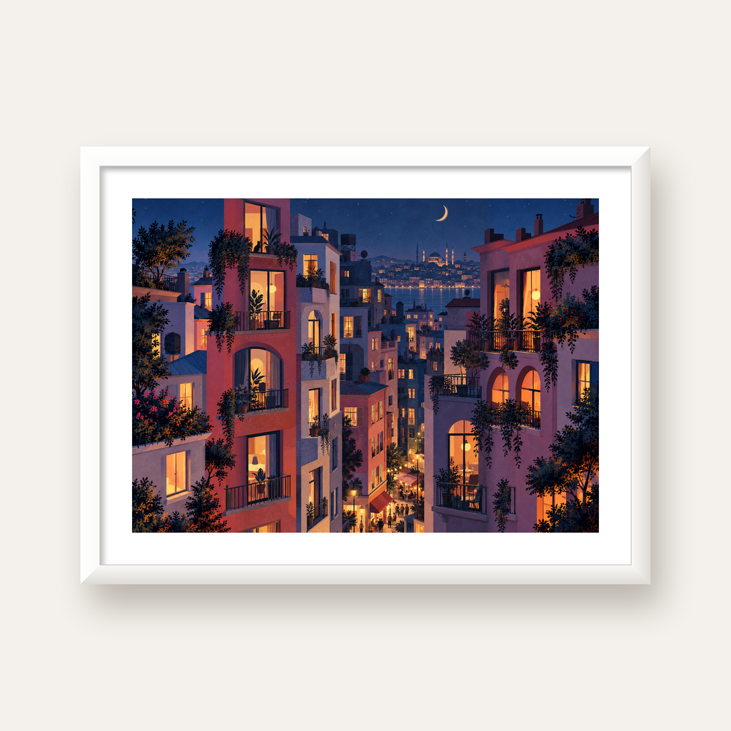 Işıklı Apartmanlar Gece — beyaz çerçeveli yatay poster