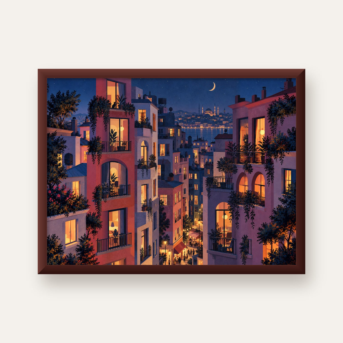 Işıklı Apartmanlar Gece — ceviz çerçeveli
