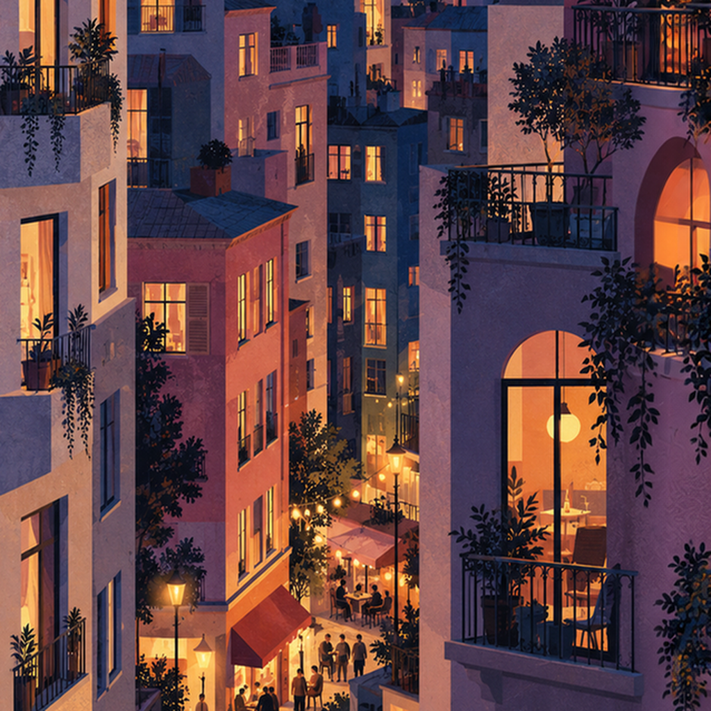 İstanbul Gece Manzarası Poster – Renkli Apartmanlar & Şehir Silüeti — baskının yakın çekimi, kâğıt dokusu ve renk detayı