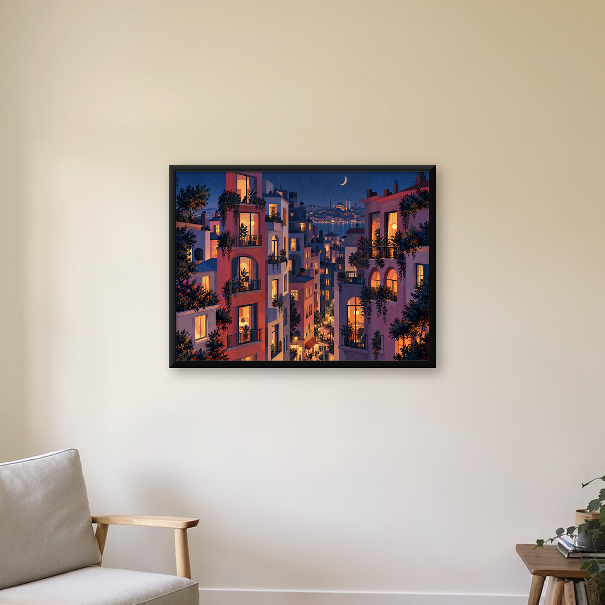 İstanbul Gece Manzarası Poster – Renkli Apartmanlar & Şehir Silüeti — Yatay baskı, çerçeveli hâliyle bir ev duvarında
