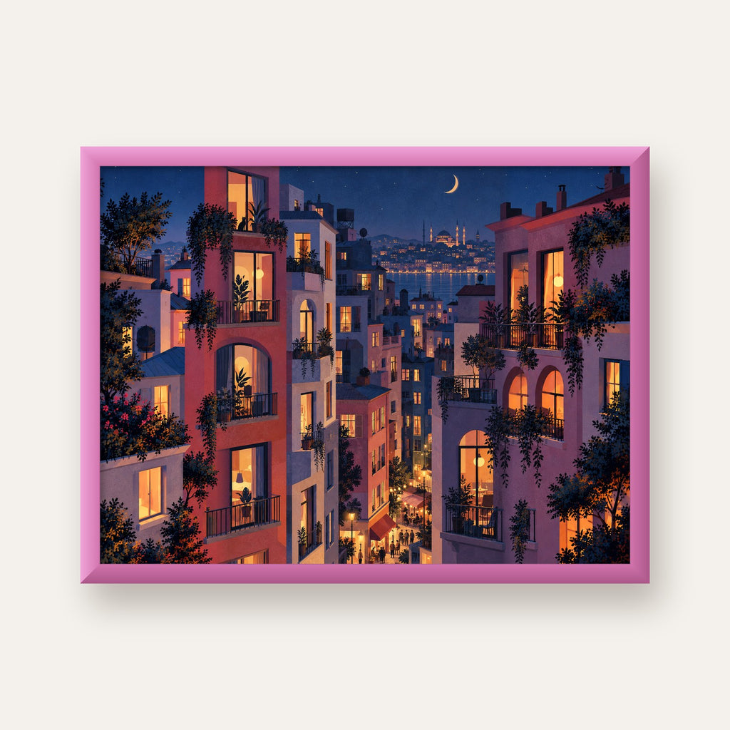 Işıklı Apartmanlar Gece — pembe çerçeveli