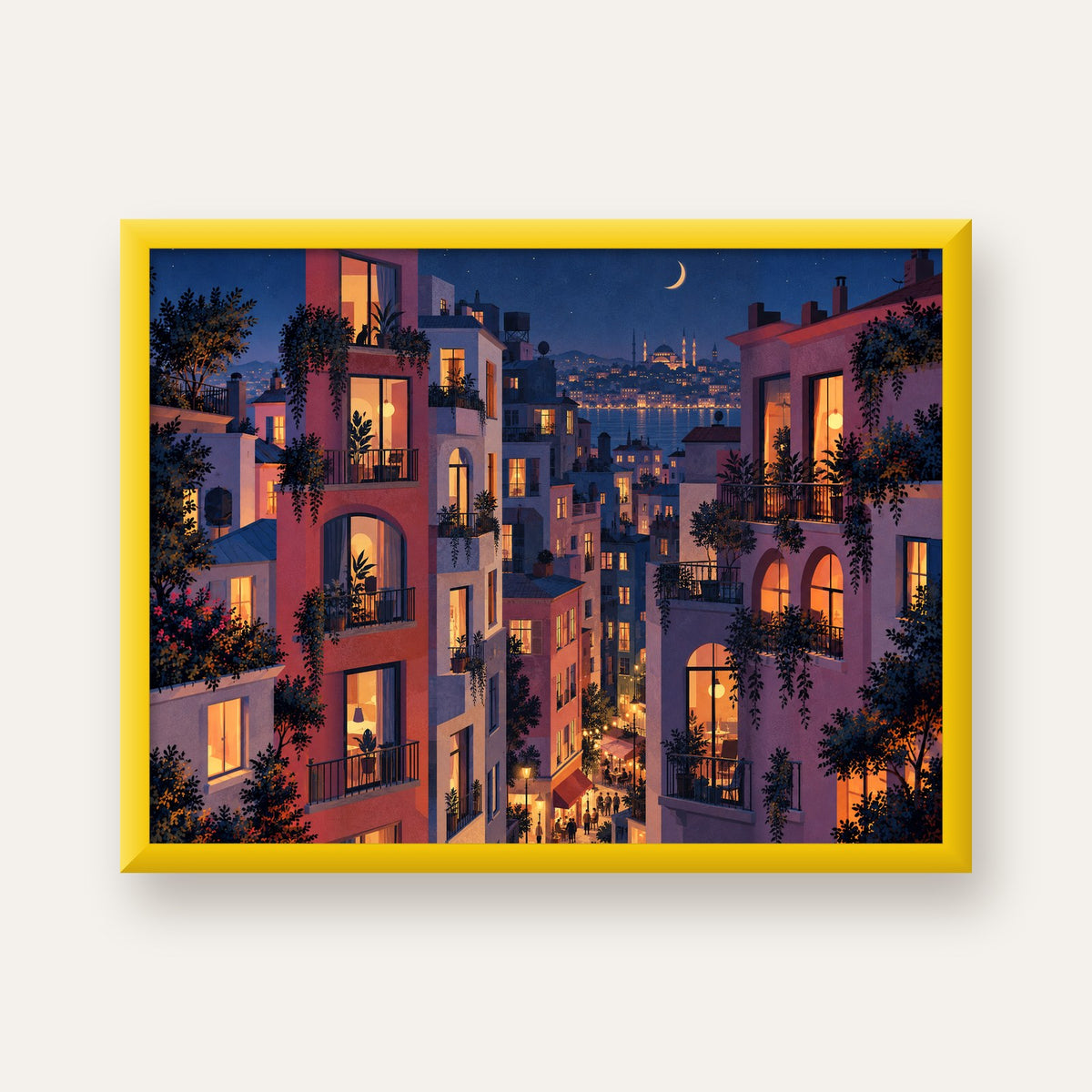 Işıklı Apartmanlar Gece — sarı çerçeveli