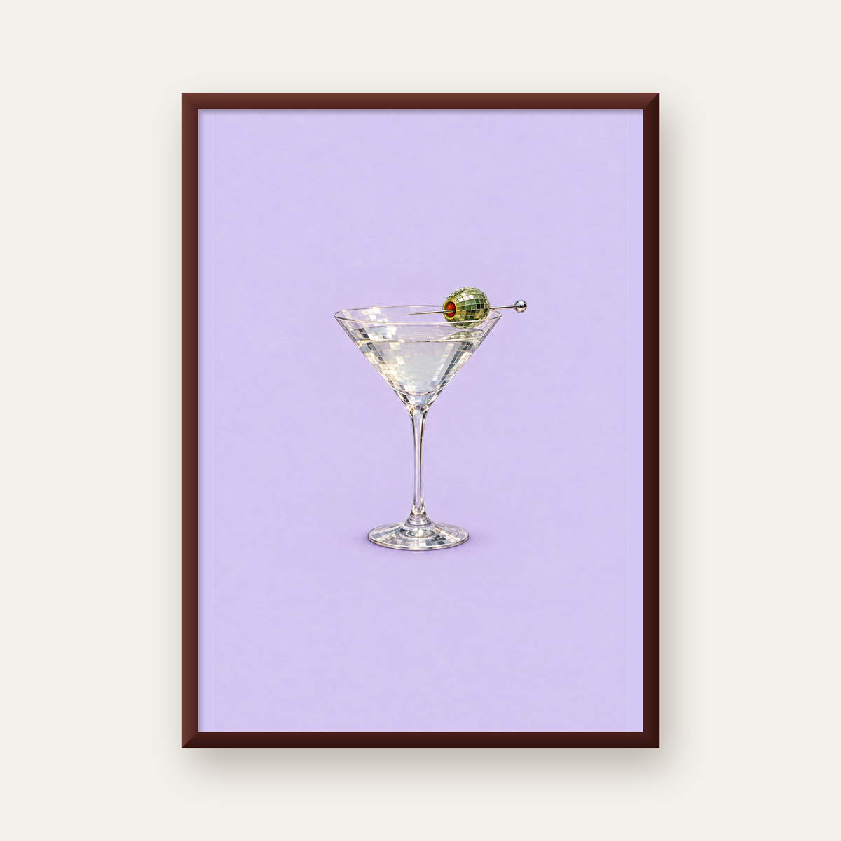 Işıltılı Martini: Modern Disco Stili Poster Baskı — ceviz çerçeveli