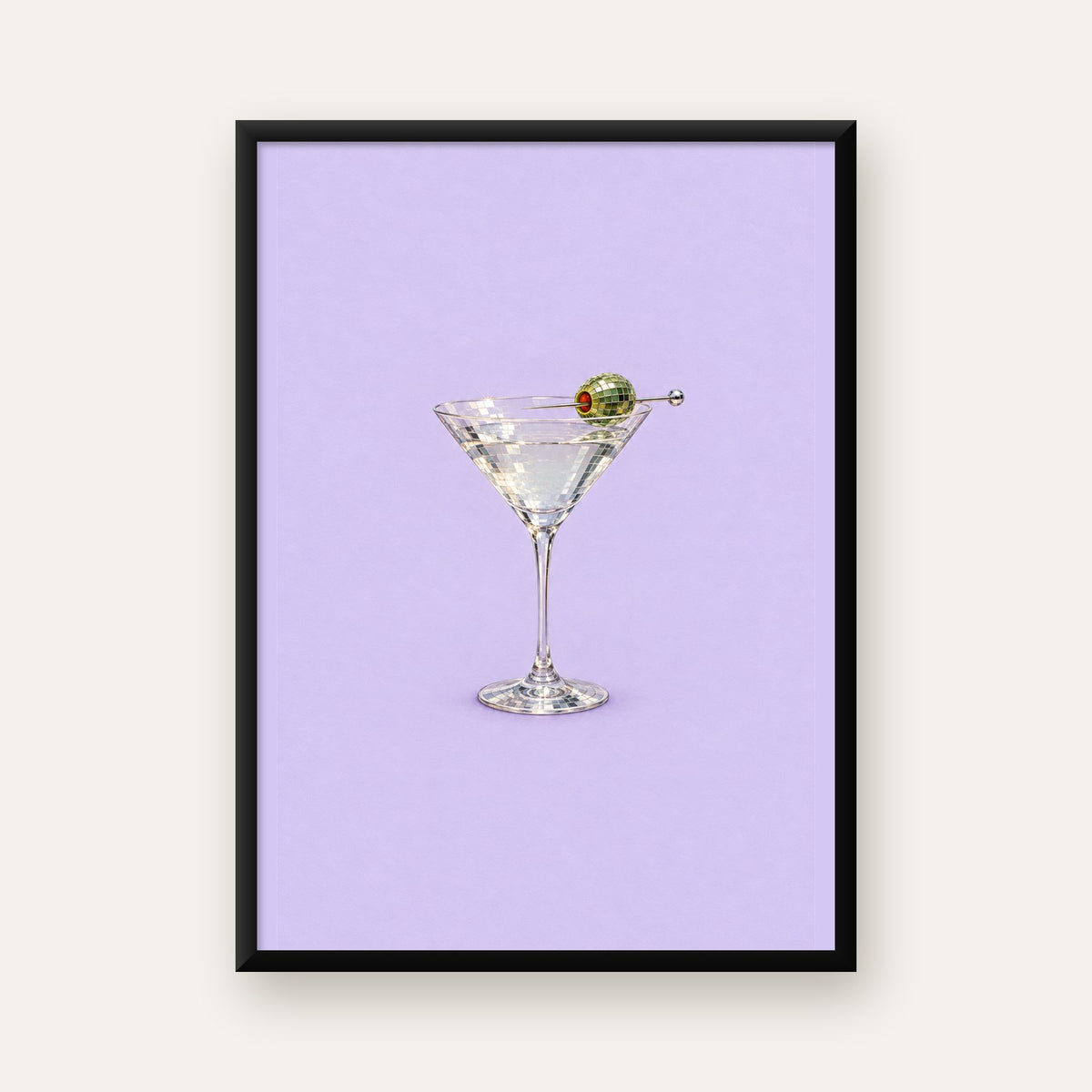 Işıltılı Martini: Modern Disco Stili Poster Baskı — Dikey baskı, düz siyah çerçeveli duvar posteri