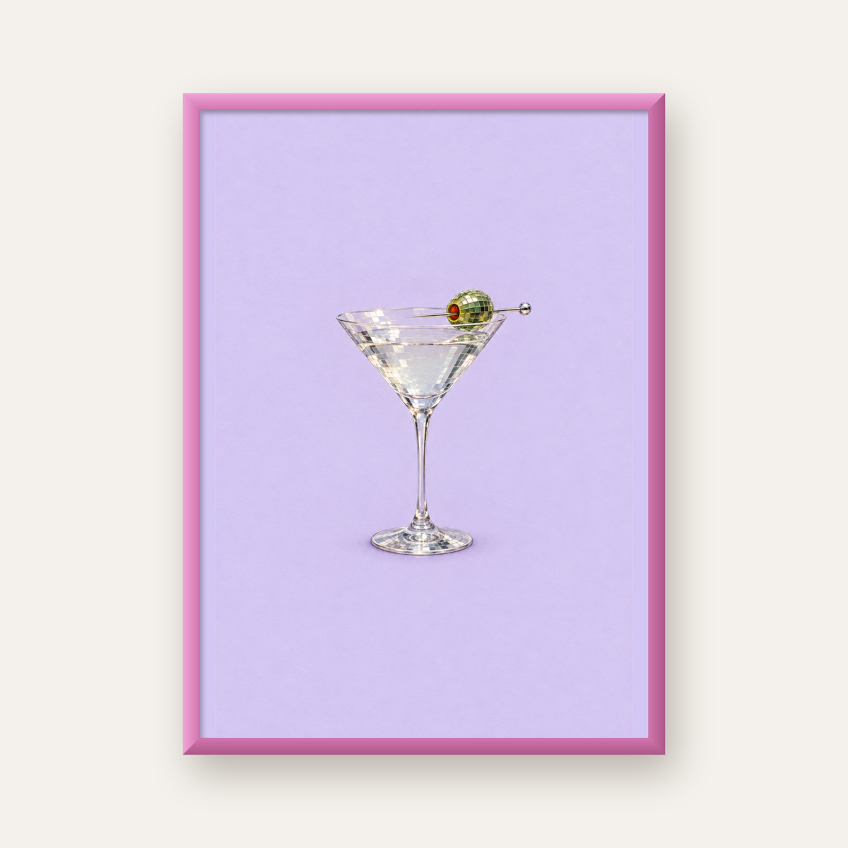 Işıltılı Martini: Modern Disco Stili Poster Baskı — pembe çerçeveli