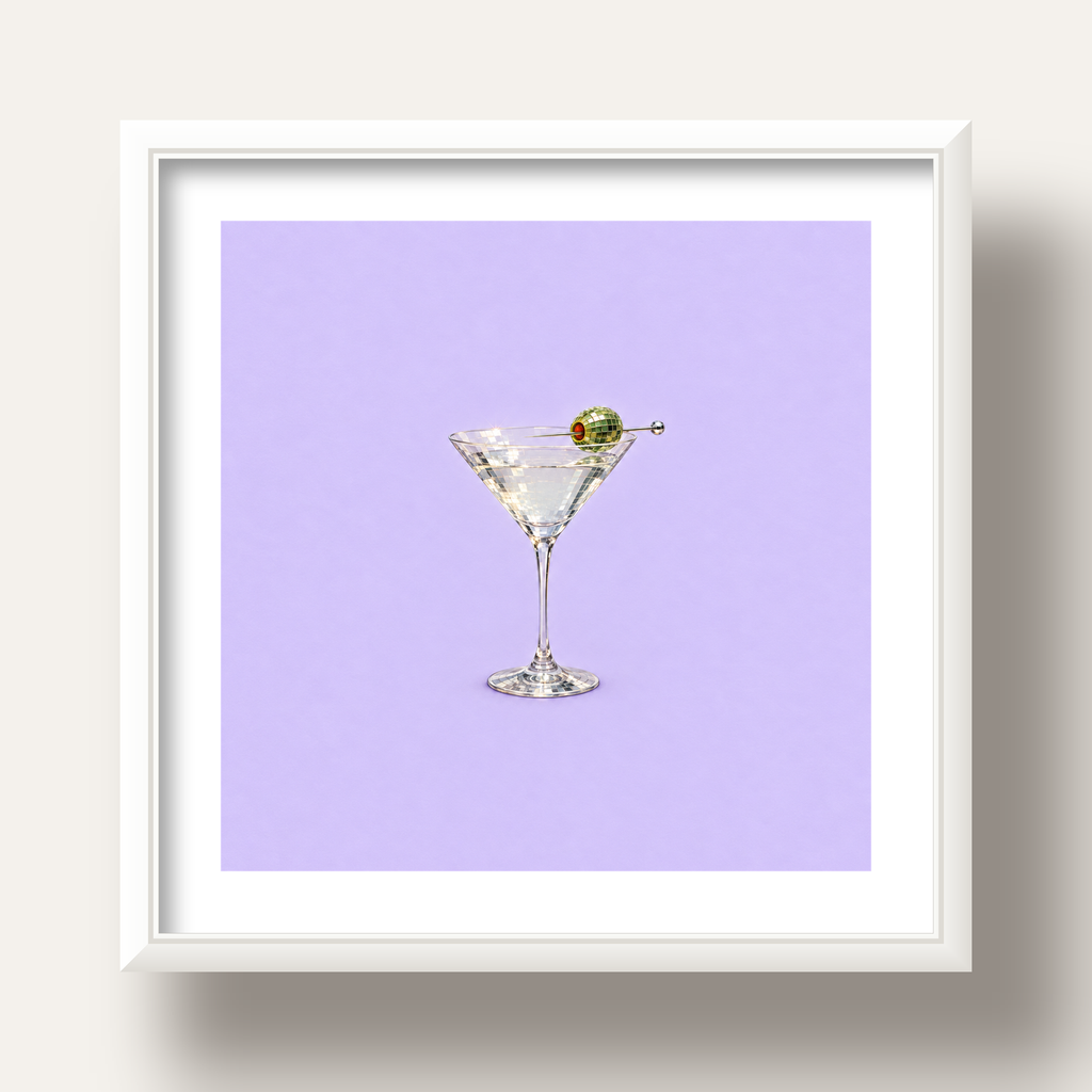 Işıltılı Martini: Modern Disco Stili Poster Baskı — beyaz derin çerçeveli paspartulu