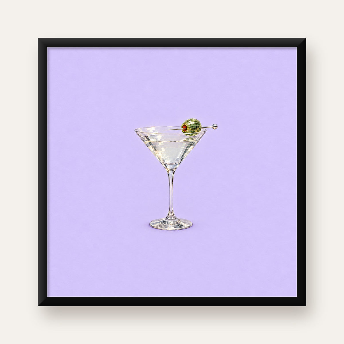 Işıltılı Martini: Modern Disco Stili Poster Baskı — Kare baskı, düz siyah çerçeveli duvar posteri