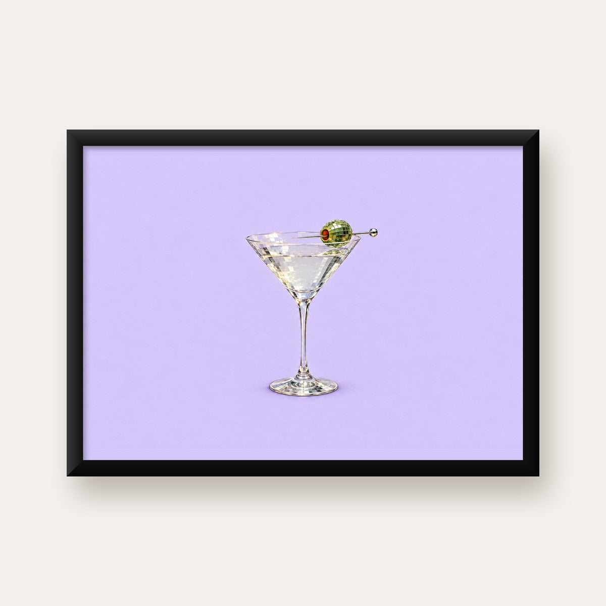 Işıltılı Martini: Modern Disco Stili Poster Baskı — Yatay baskı, düz siyah çerçeveli duvar posteri