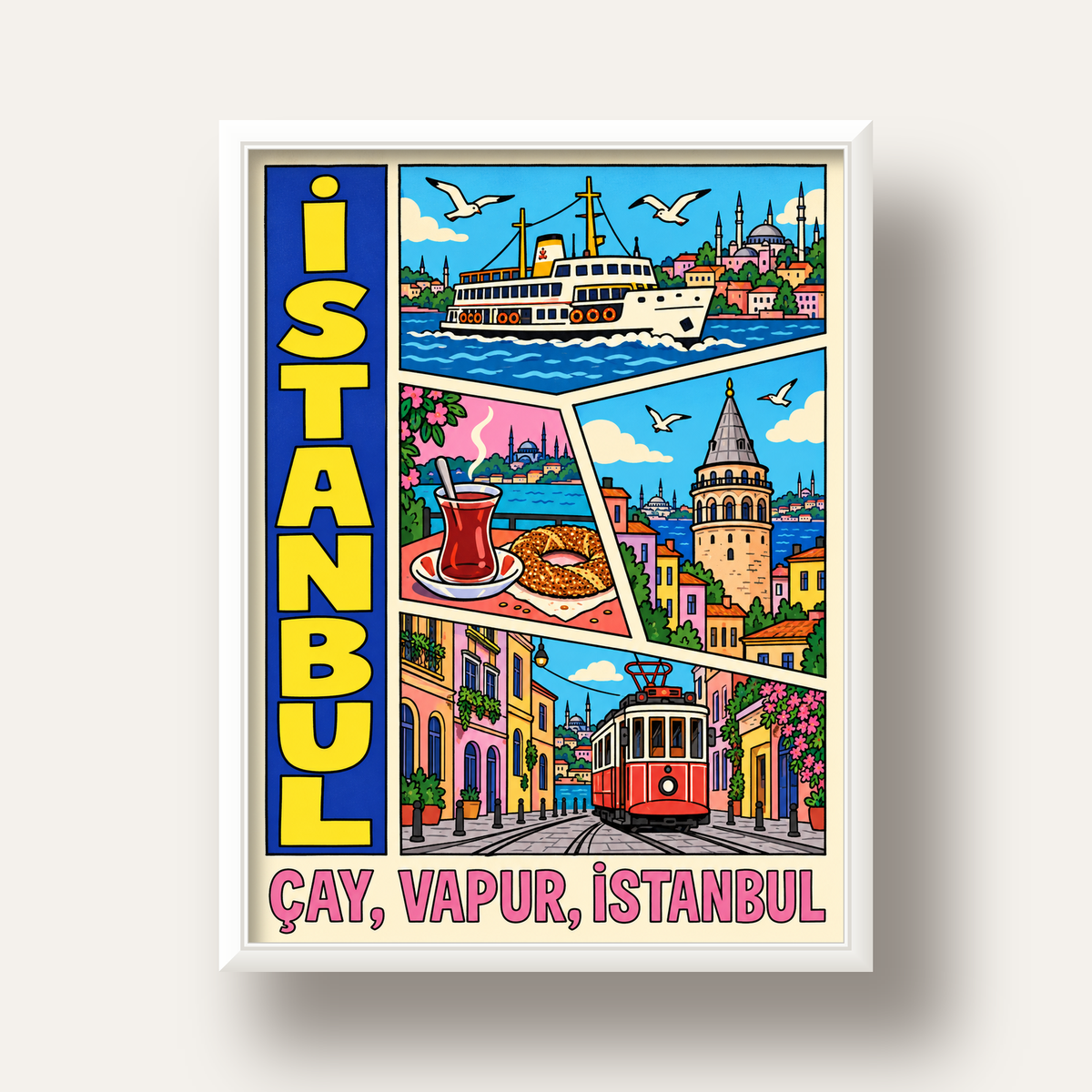 Pop-Art İstanbul Şehir Manzarası Poster – Renkli Modern Dekor — beyaz derin çerçeveli
