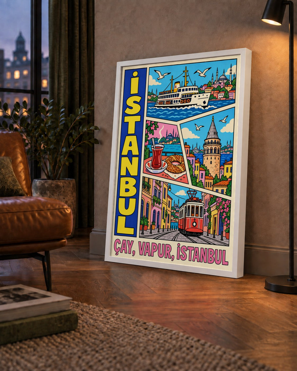 Pop-Art İstanbul Şehir Manzarası Poster – Renkli Modern Dekor — çerçeveli hâliyle bir ev duvarında