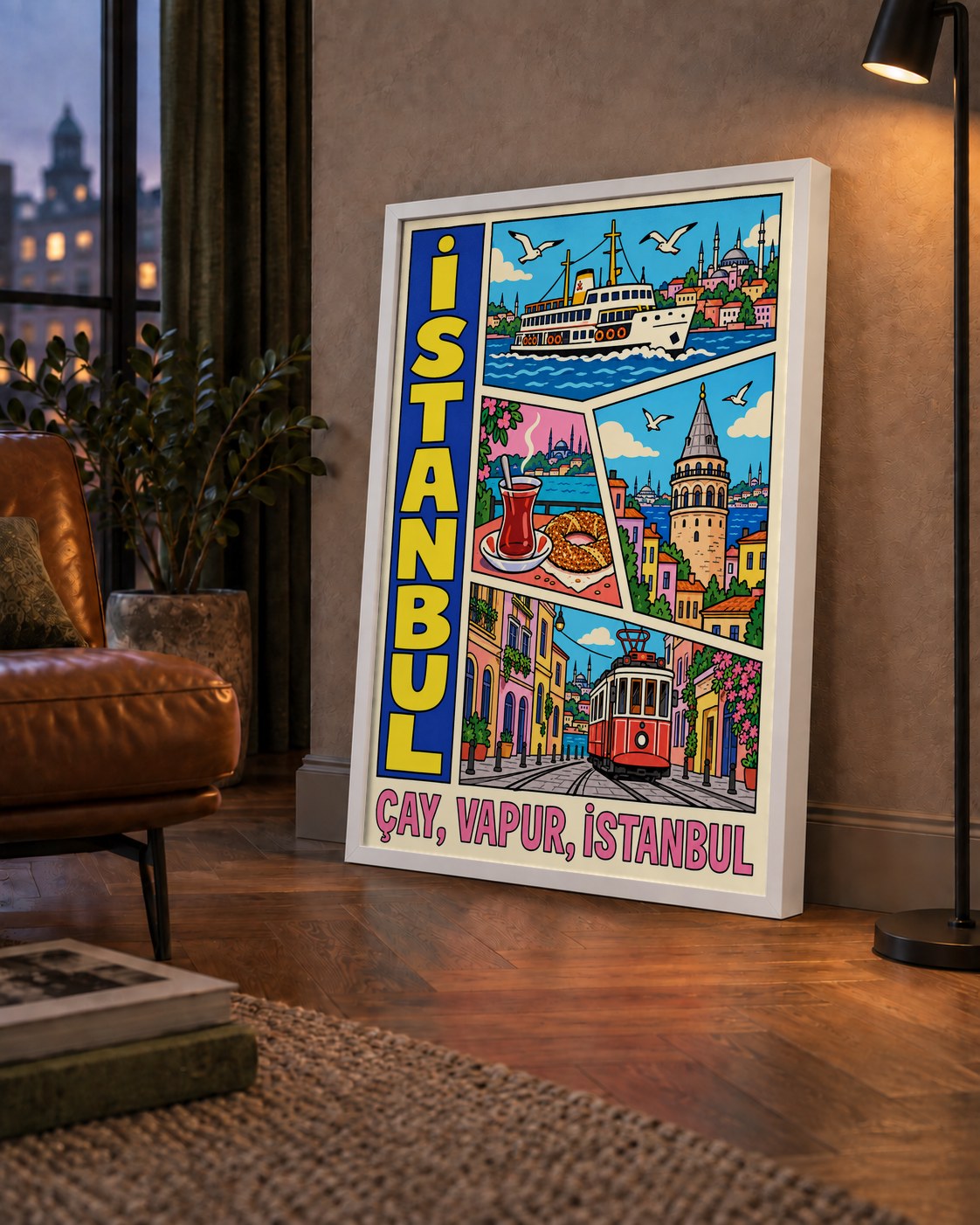 Pop-Art İstanbul Şehir Manzarası Poster – Renkli Modern Dekor — çerçeveli hâliyle bir ev duvarında