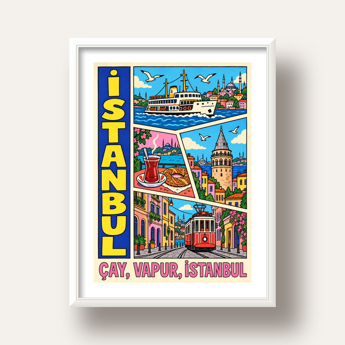 Pop-Art İstanbul Şehir Manzarası Poster – Renkli Modern Dekor — beyaz derin çerçeveli paspartulu