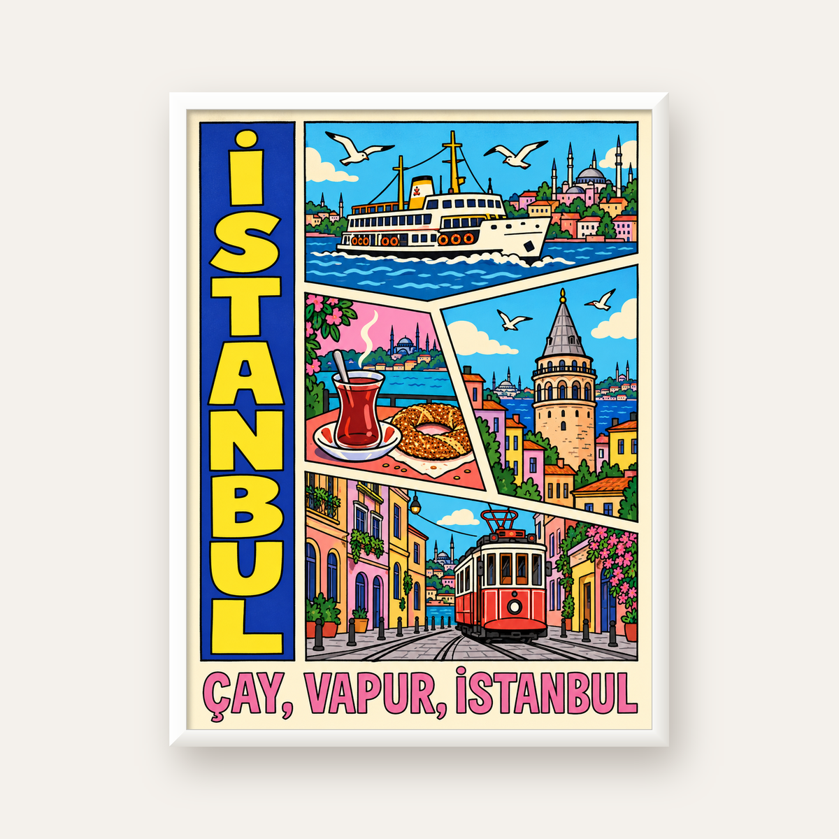 Pop-Art İstanbul Şehir Manzarası Poster – Renkli Modern Dekor — beyaz çerçeveli dikey poster