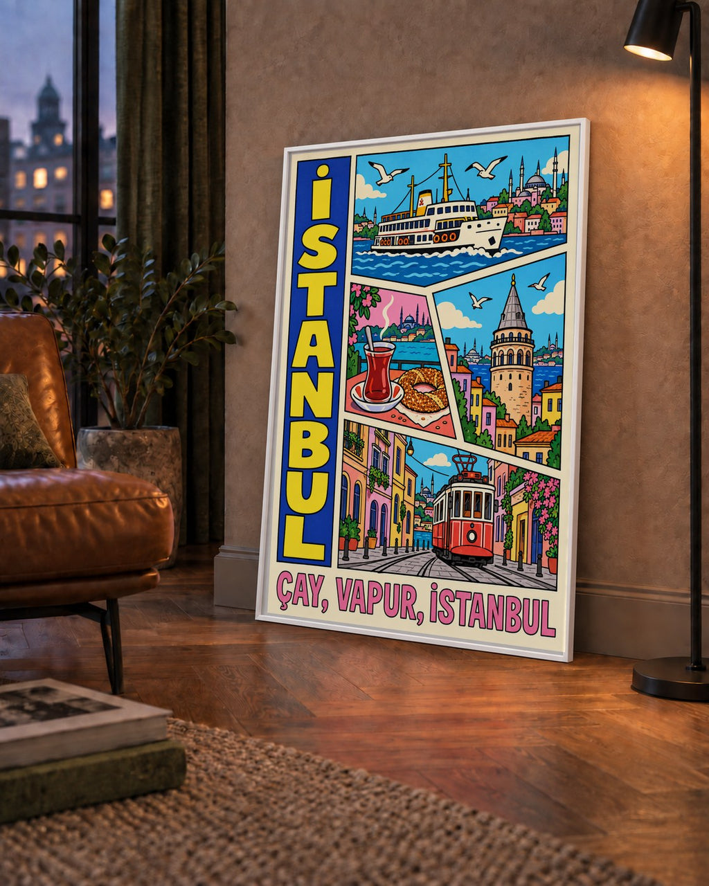 Pop-Art İstanbul Şehir Manzarası Poster – Renkli Modern Dekor — çerçeveli hâliyle bir ev duvarında