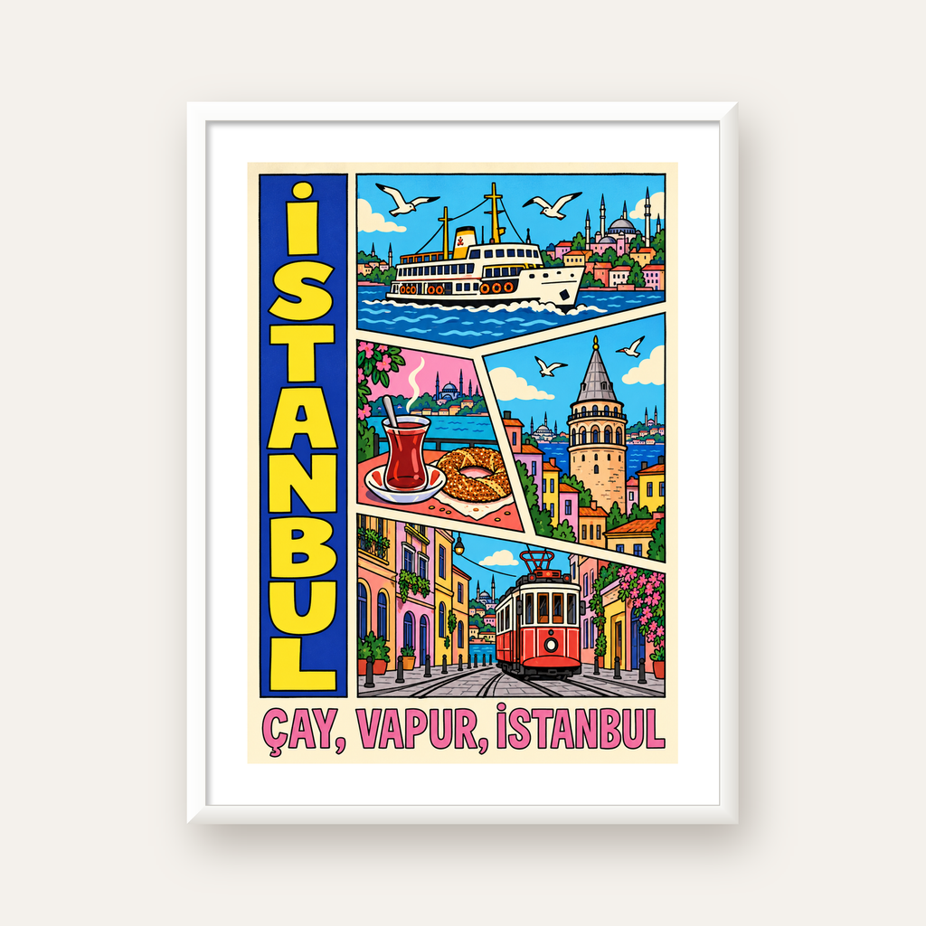 Pop-Art İstanbul Şehir Manzarası Poster – Renkli Modern Dekor — beyaz çerçeveli dikey poster