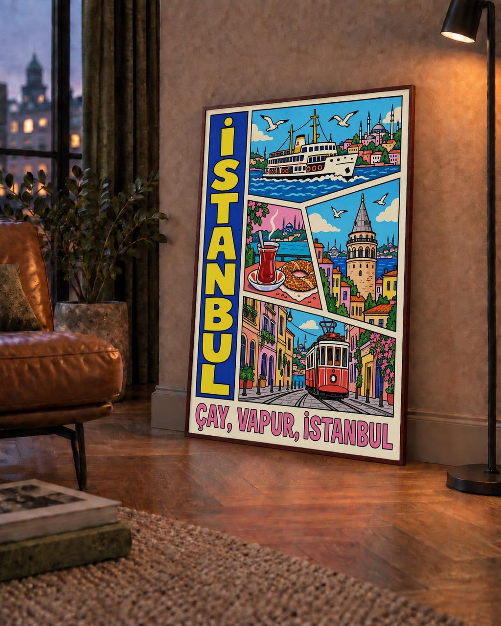 Pop-Art İstanbul Şehir Manzarası Poster – Renkli Modern Dekor — çerçeveli hâliyle bir ev duvarında