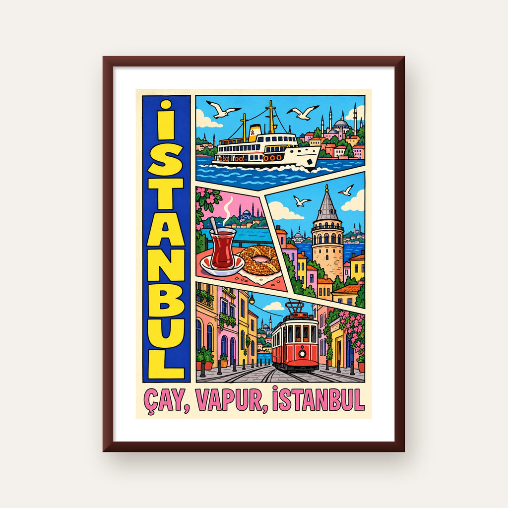 Pop-Art İstanbul Şehir Manzarası Poster – Renkli Modern Dekor — ceviz çerçeveli paspartulu