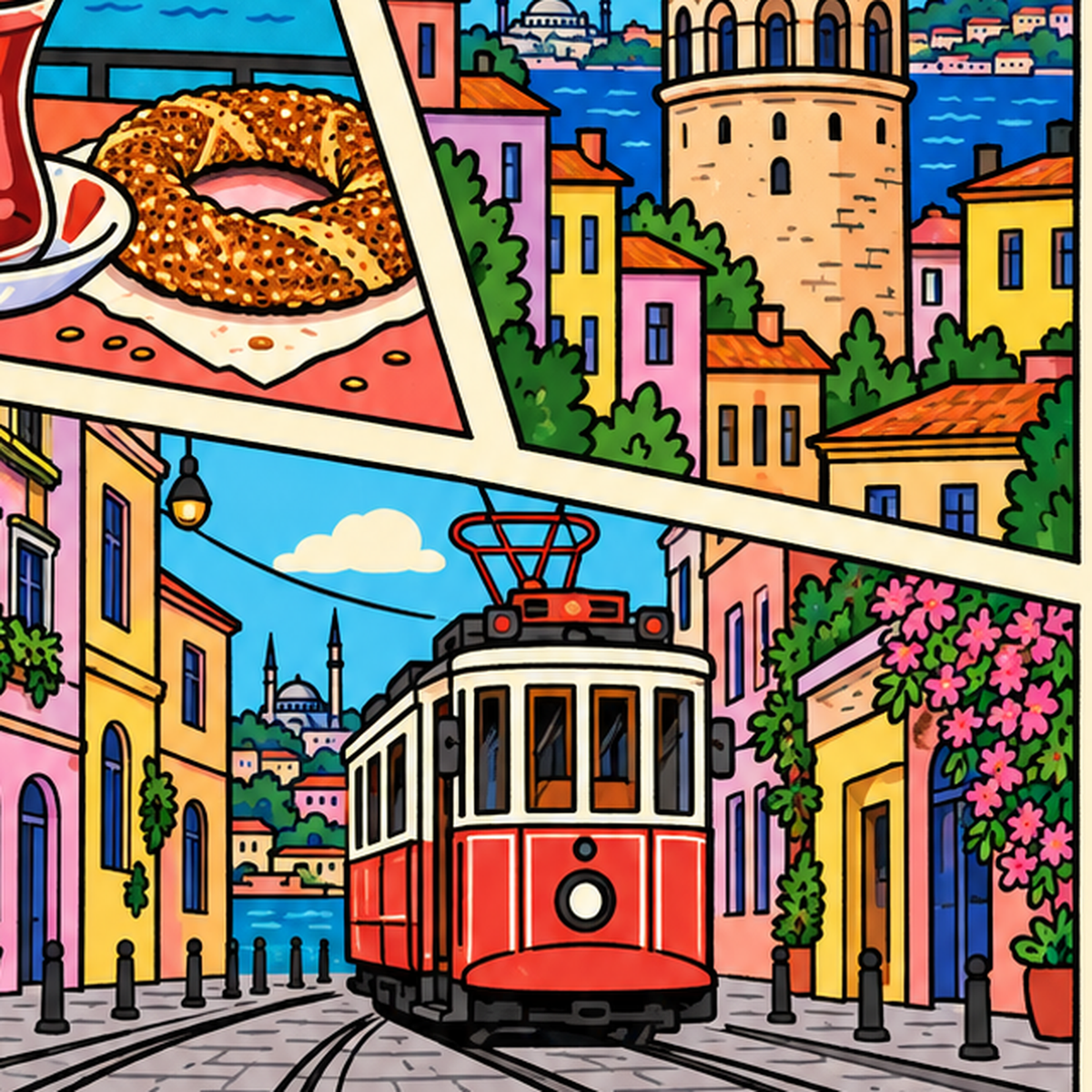 Pop-Art İstanbul Şehir Manzarası Poster – Renkli Modern Dekor — baskının yakın çekimi, kâğıt dokusu ve renk detayı