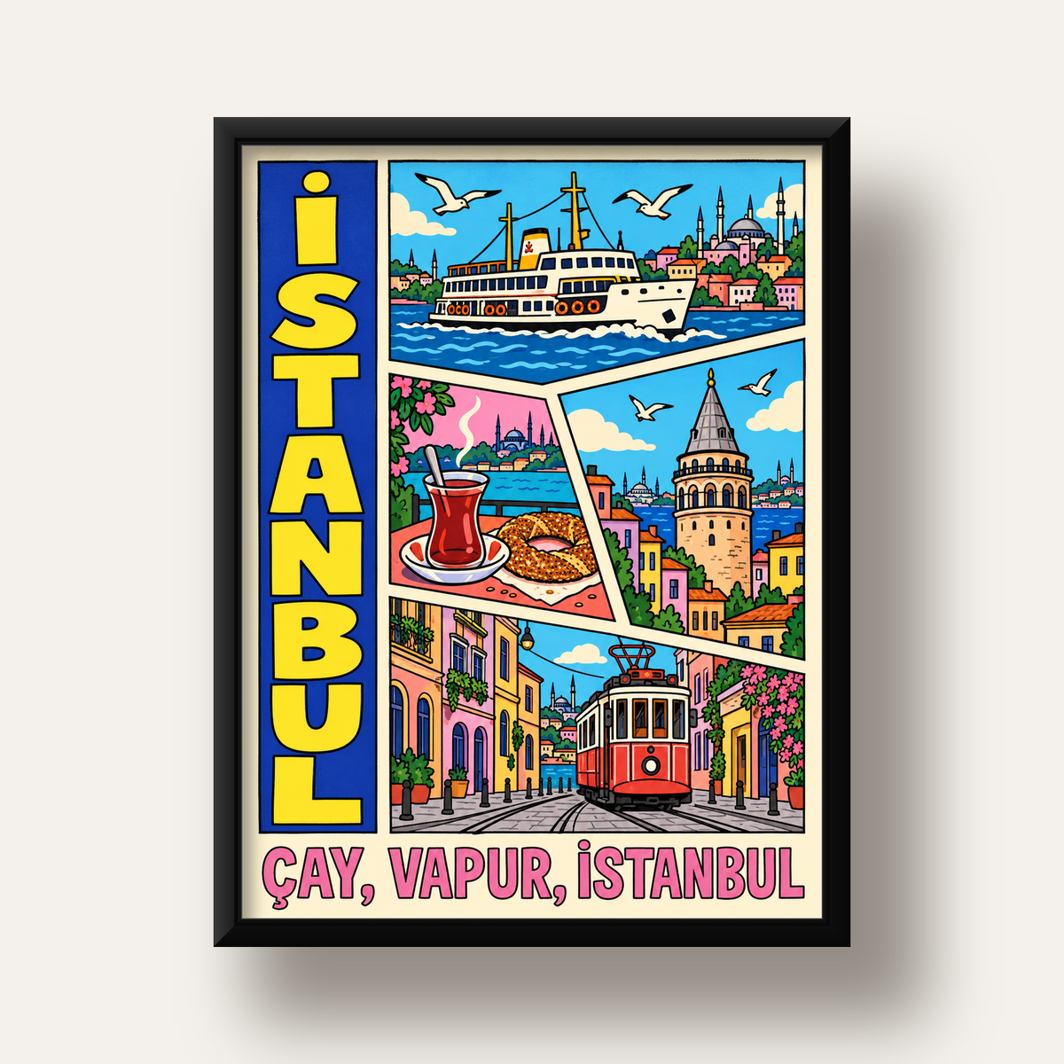 Pop-Art İstanbul Şehir Manzarası Poster – Renkli Modern Dekor — siyah derin çerçeveli