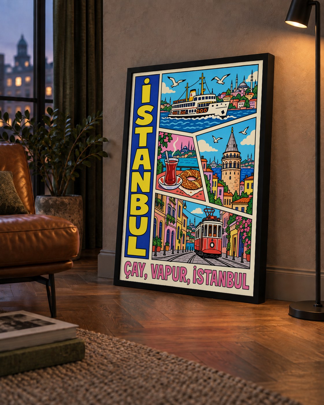 Pop-Art İstanbul Şehir Manzarası Poster – Renkli Modern Dekor — çerçeveli hâliyle bir ev duvarında