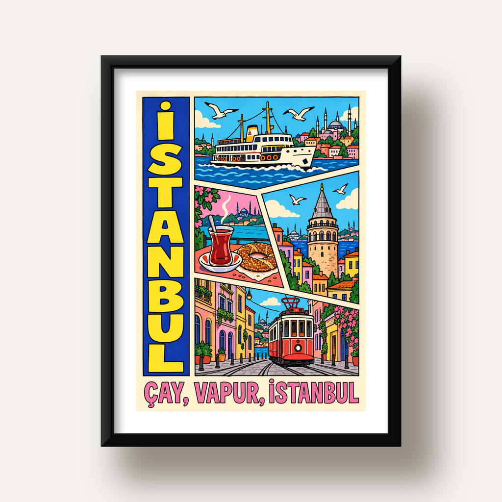 Pop-Art İstanbul Şehir Manzarası Poster – Renkli Modern Dekor — siyah derin çerçeveli paspartulu