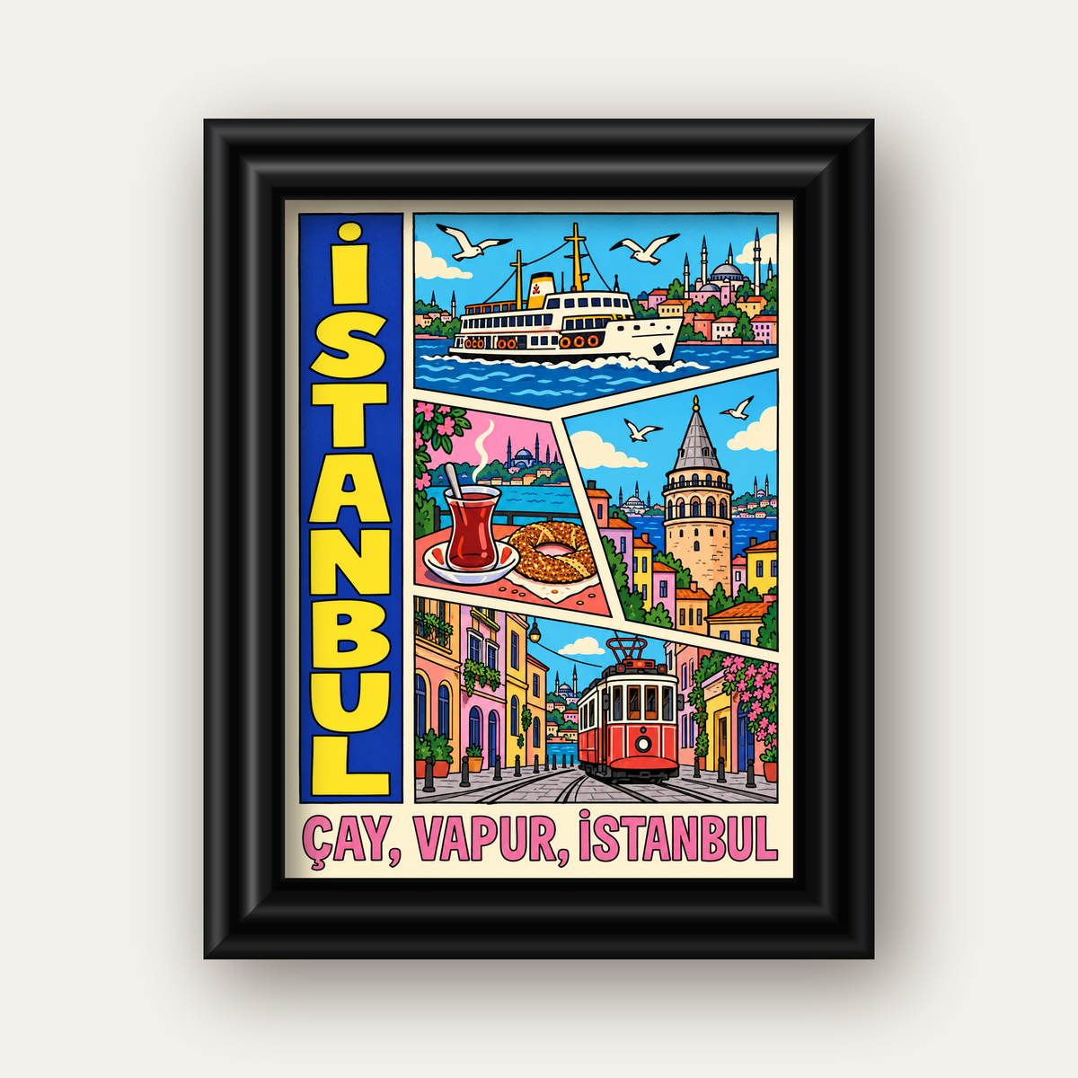 Pop-Art İstanbul Şehir Manzarası Poster – Renkli Modern Dekor — siyah galeri çerçeveli