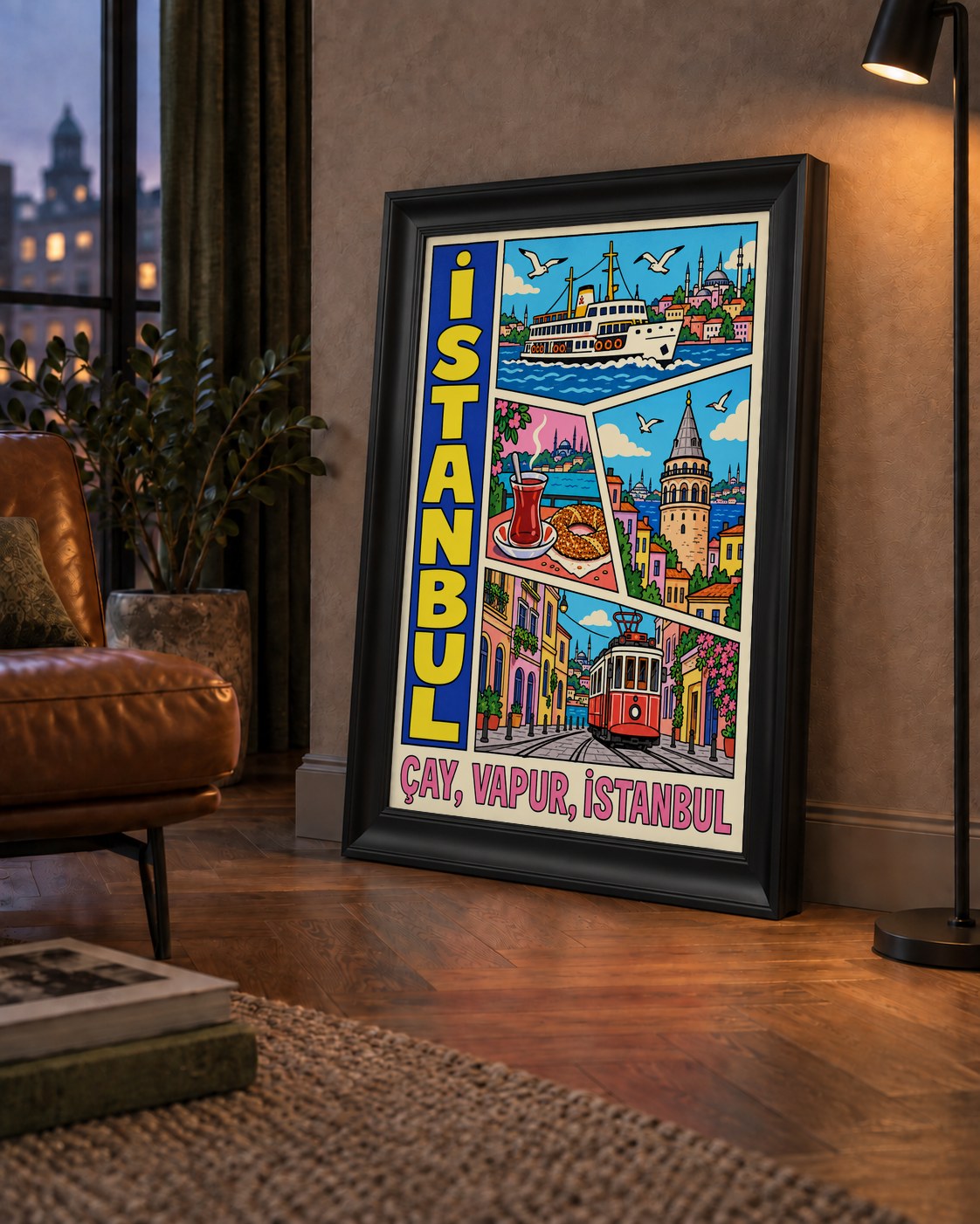 Pop-Art İstanbul Şehir Manzarası Poster – Renkli Modern Dekor — çerçeveli hâliyle bir ev duvarında