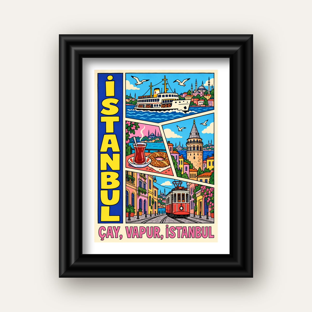 Pop-Art İstanbul Şehir Manzarası Poster – Renkli Modern Dekor — siyah galeri çerçeveli paspartulu