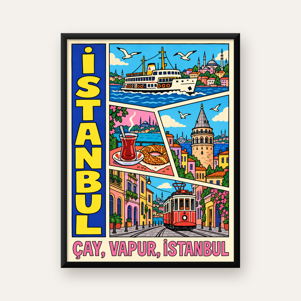 Pop-Art İstanbul Şehir Manzarası Poster – Renkli Modern Dekor — Dikey baskı, düz siyah çerçeveli duvar posteri