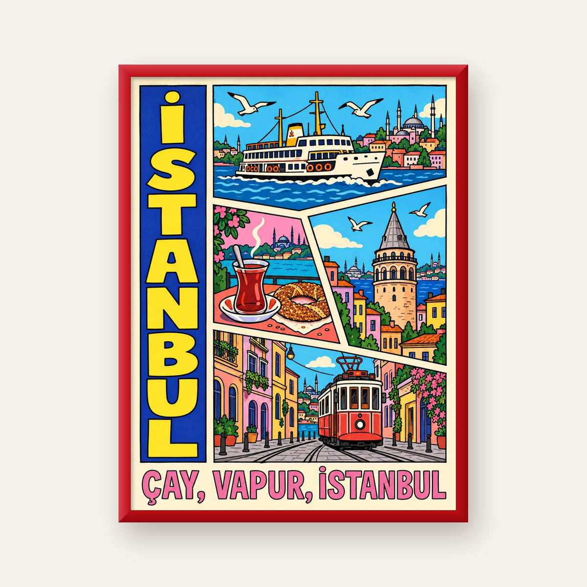 Pop-Art İstanbul Şehir Manzarası Poster – Renkli Modern Dekor — kırmızı çerçeveli