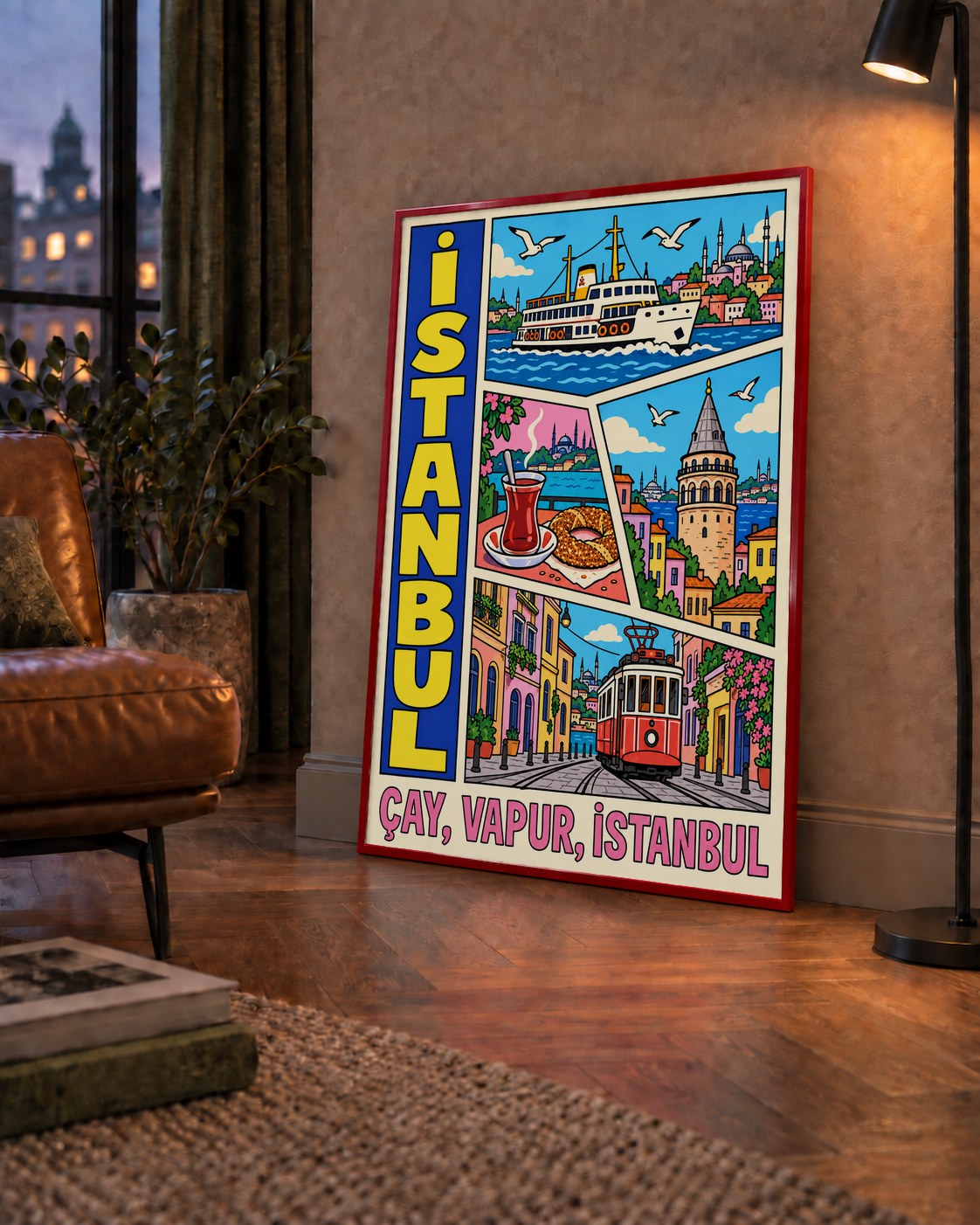 Pop-Art İstanbul Şehir Manzarası Poster – Renkli Modern Dekor — çerçeveli hâliyle bir ev duvarında