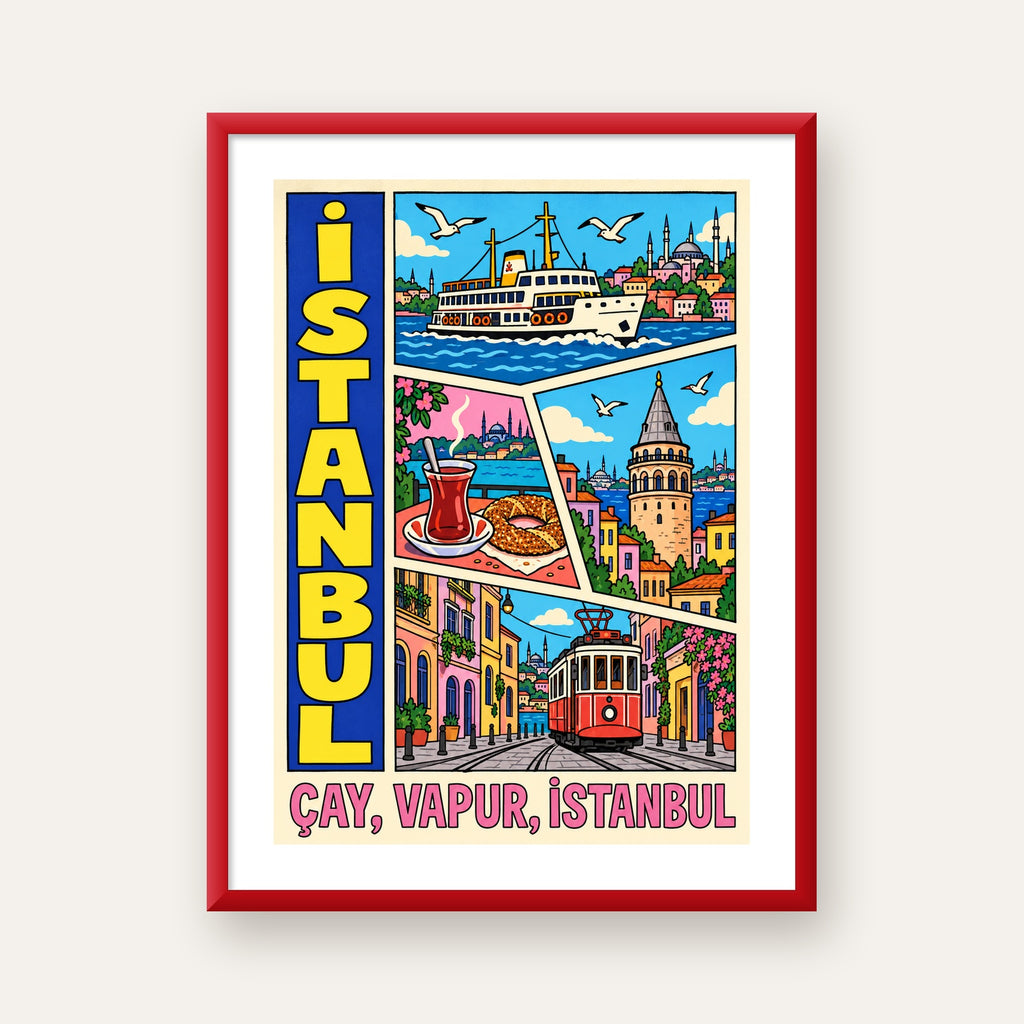 Pop-Art İstanbul Şehir Manzarası Poster – Renkli Modern Dekor — kırmızı çerçeveli paspartulu