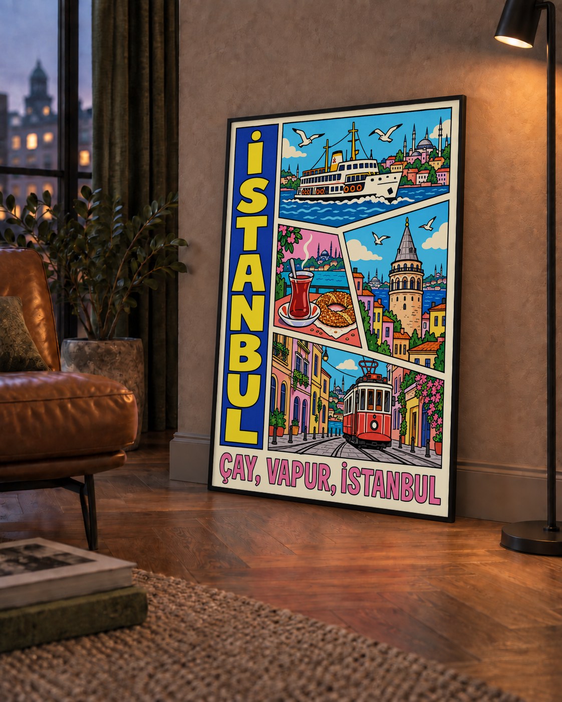 Pop-Art İstanbul Şehir Manzarası Poster – Renkli Modern Dekor — çerçeveli hâliyle bir ev duvarında