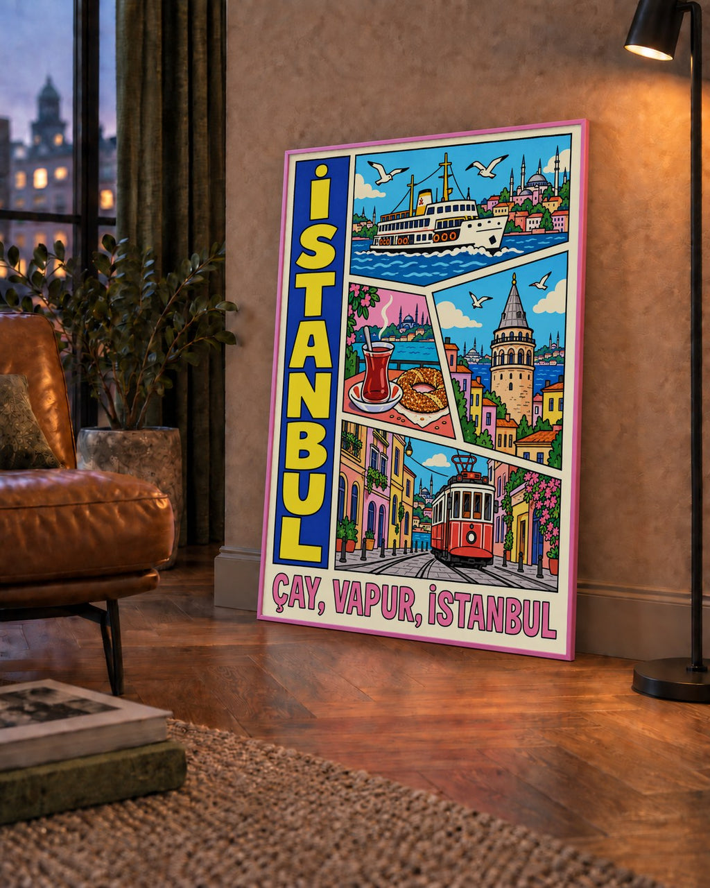 Pop-Art İstanbul Şehir Manzarası Poster – Renkli Modern Dekor — çerçeveli hâliyle bir ev duvarında